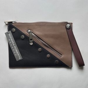 NWT Sondra Roberts Black & Brown Wristlet Clutch w Stud Accents